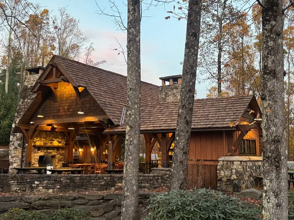 Restored cedar shake roof on a pavilion at Blue Ridge Mountain Club in Boone