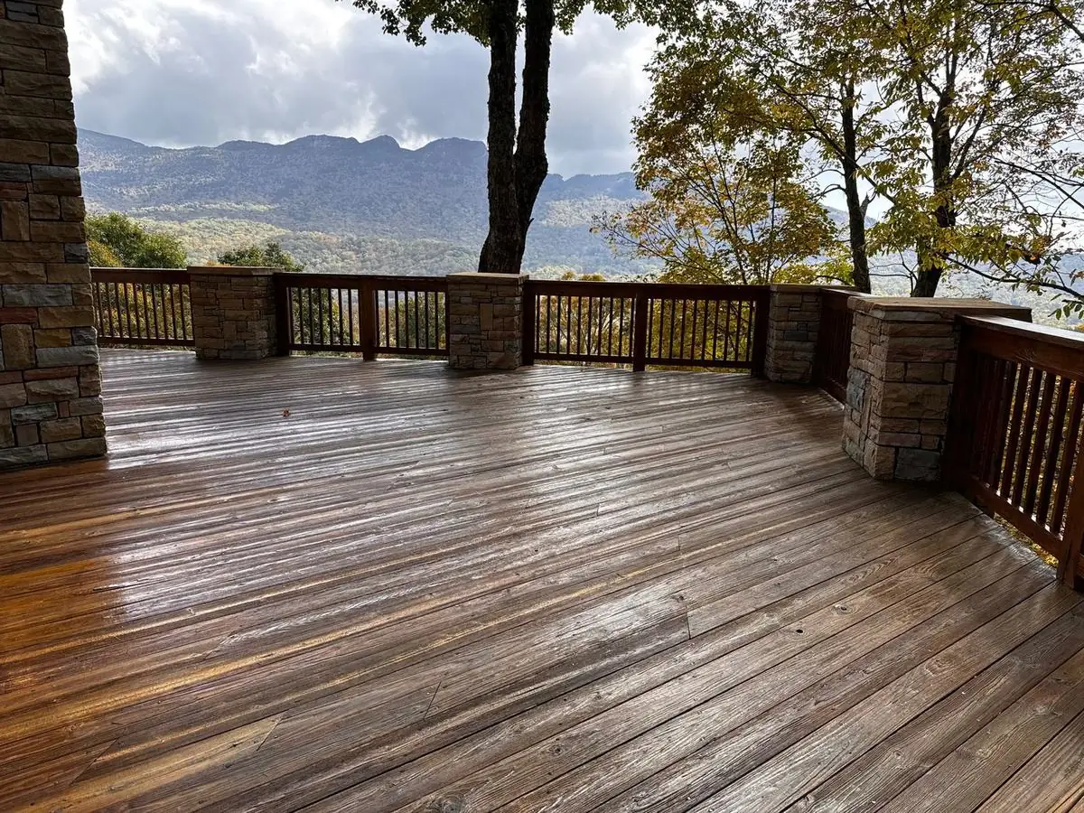 Deck and railing with a mountain view