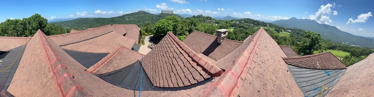 Large stone tile roof after cleaning at Linville Ridge in Linville